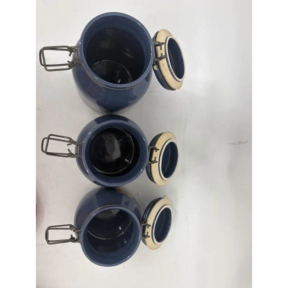 Vintage Stoneware Canister Set 3 Navy Blue Folk Art Bird Heart Clamp Lid